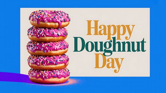 Happy doughnut day with a stack of delicious pink glazed donuts