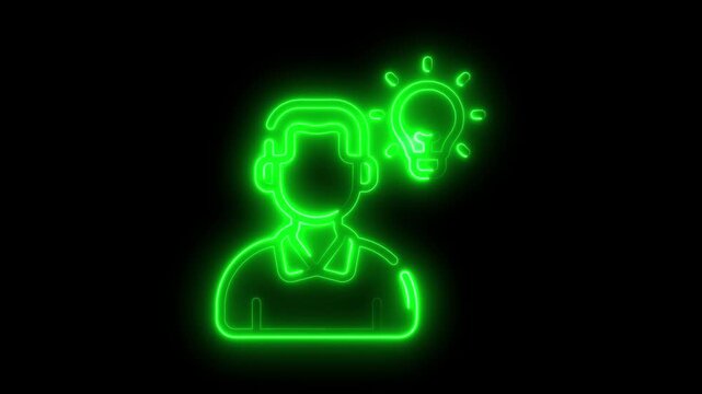 Glowing green neon outline of a person with headphones and a bright idea lightbulb symbolizing innovation creativity inspiration