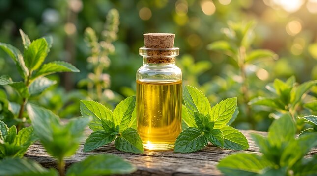 A tiny clear glass bottle filled with rich golden essential oil is peacefully situated amongst vibrant lush green foliage in a bright