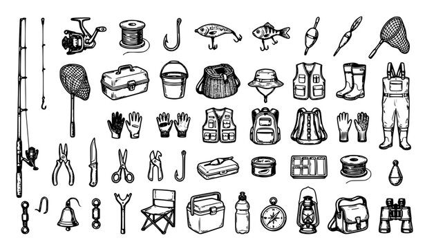 Vintage Fishing Equipment Gear Hand Drawn Doodle Vector Icon Collection