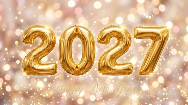 Luxurious golden foil balloons form the year two thousand twenty seven against a beautiful shimmering rose gold bokeh backdrop for celebrations and