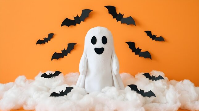 A delightful halloween celebration showcases a cheerful ghost character with a smiling face among paper bats and soft fluffy clouds