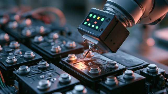 Robotic arm assembling circuit boards on automated production line. New technologies in smart manufacturing. Robotics and industrial automation. Electronics engineering and precision