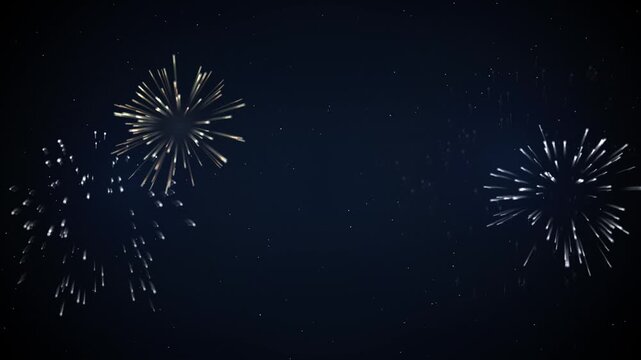 Bright white fireworks exploding in the dark night sky, festive celebration background with sparkling light trails and glowing pyrotechnic display