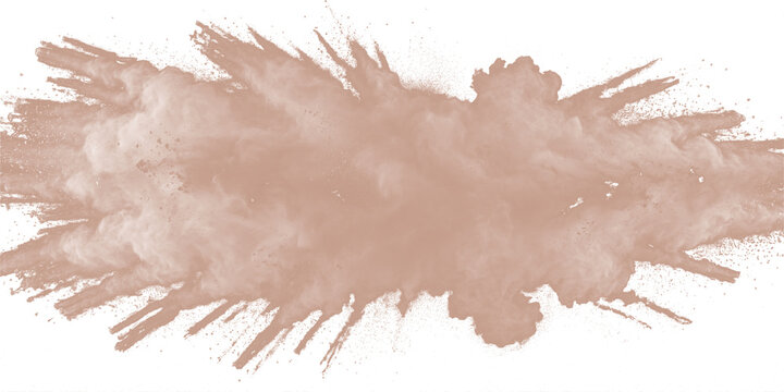 Beige brown powder explosion with dust cloud and scattered particles isolated on transparent background