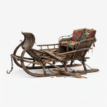 Broken sleigh with rustic decor isolated on white background  