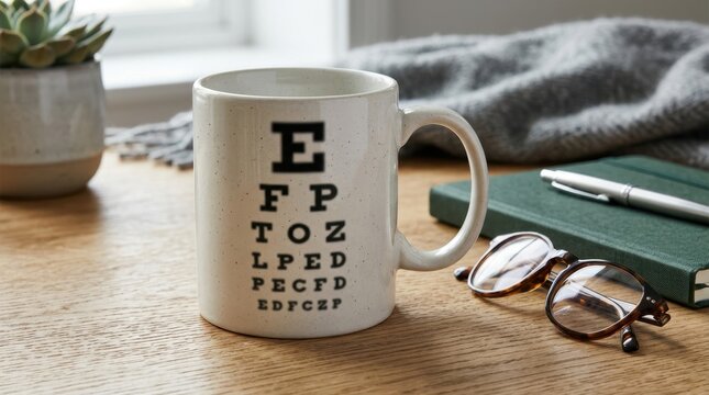 Eye chart on coffee mug with blurry vision concept. Optometry office desk background with glasses and notebook