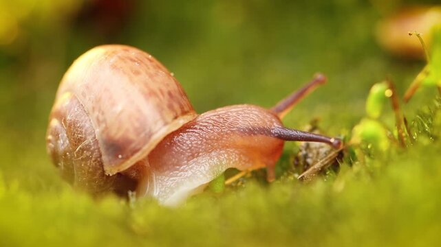 Macro footage of snail moving slowly over green moss in forest environment capturing peaceful wildlife movement in soft natural lighting.