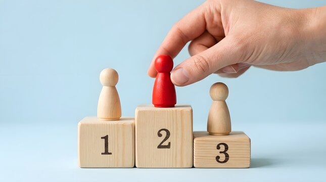 A human hand is carefully positioning a vibrant red wooden pawn figure upon wooden blocks indicating first second and third place achievement