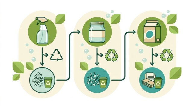 Methods for recycling cleaning products and their containers in a household setting. Each step is clearly presented.