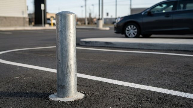 Metal bollard in a modern asphalt parking lot. Safety barrier post in front of parked cars on a sunny day