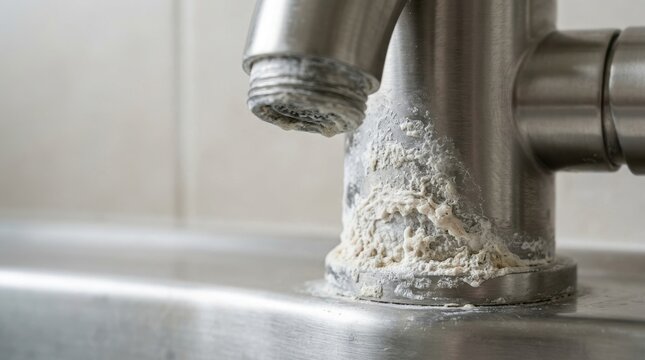 Mineral deposit and crusty white buildup on a bathroom faucet. Hard water scale crystallization around plumbing fixture