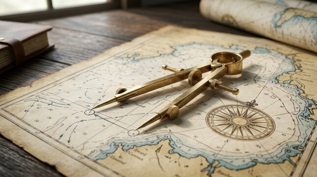 Brass navigation compass and divider on an old nautical chart. Vintage cartography and navigation tools on wooden table