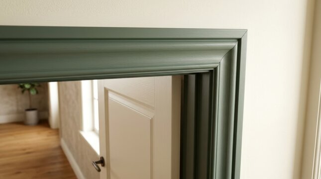 Green painted door frame trim molding detail in a modern interior. Architectural woodwork and interior design