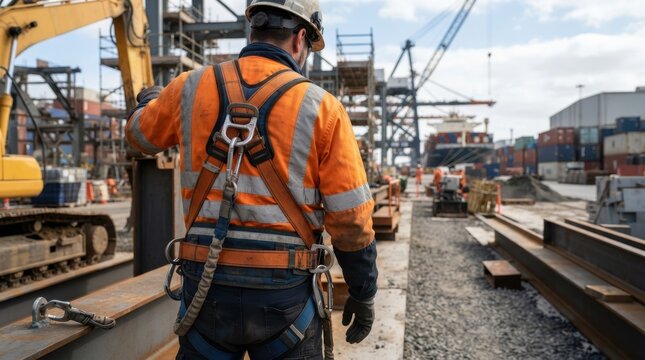 Port worker wearing safety harness. Industrial dock worker in high visibility gear at a container terminal