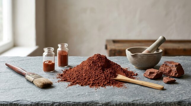 Red ochre powder product photography with raw pigment stones and tools