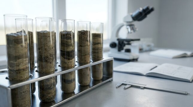 Research laboratory with soil sediment samples in glass tubes and microscope