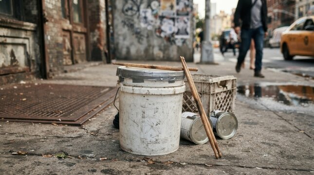 Street musician drumming on a white plastic bucket on a city sidewalk. Urban busker performance concept
