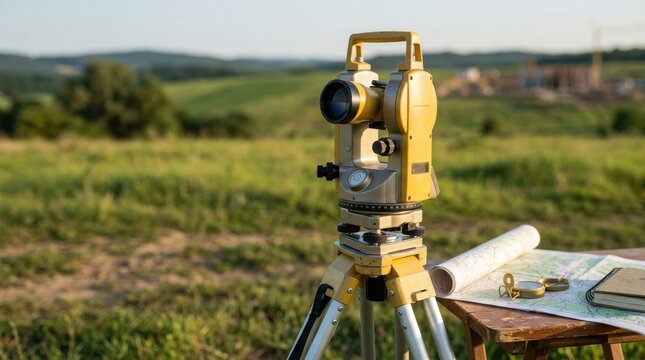 Surveyor holding theodolite instrument in field. Professional land surveying equipment on tripod outdoors