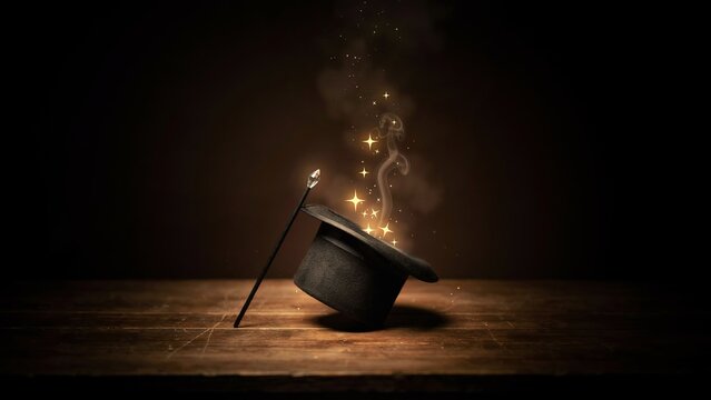 Black hat and magic wand with glowing golden sparkles on wooden table