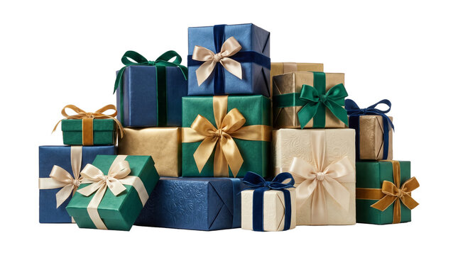 Heap of assorted wrapped gift boxes with decorative ribbons and bows for birthday holiday celebrations.