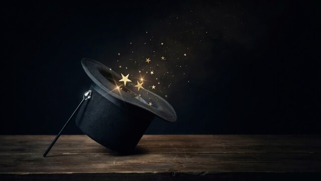 Black hat with glowing golden stars on a wooden table