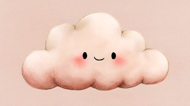 Adorable smiling cloud character rendered in a soft watercolor picturebook style. Warm pastel pink tones and textured paper background create a cozy nursery feel.