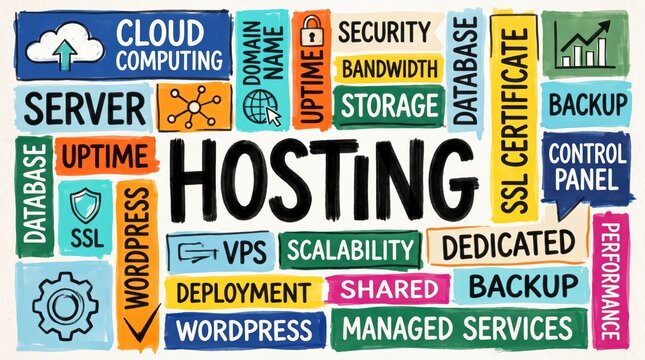 Web Hosting Services Collage: A vibrant collage of words and icons representing various web hosting services, including cloud computing, servers, domain names, security, and databases.