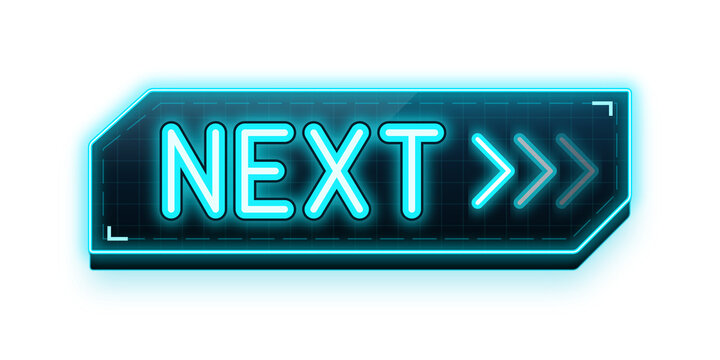 NEXT Game Button, Neon Cyan Sci-Fi Glowing 3D UI