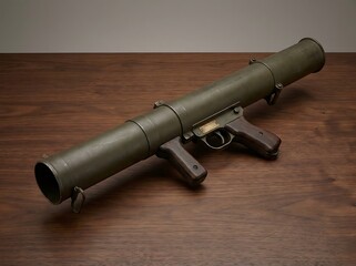 Fototapeta premium Vintage military bazooka antitank rocket launcher on a wooden table