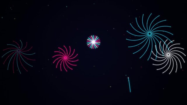 Festive digital firework display with vibrant neon spiral light patterns in blue and magenta exploding against black background for celebration and joyful event motion graphic design projects