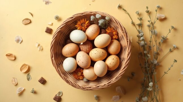 Wicker basket filled with speckled Easter eggs and orange flowers on a soft yellow background