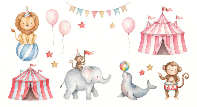 Cartoon circus animals and performers illustration