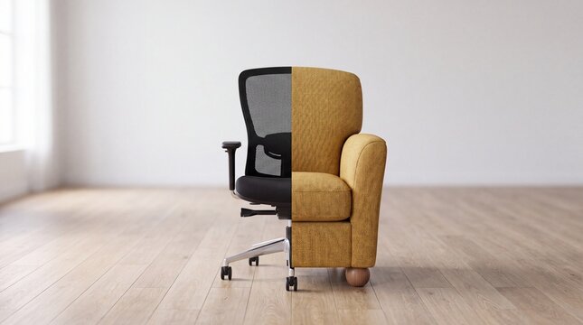 Chair split between office seat and home armchair, hybrid work