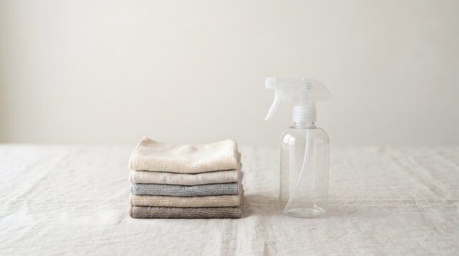 Folded cleaning cloths beside empty spray bottle, spring deep cleaning essentials concept