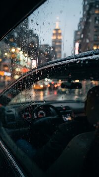 View from inside a car through a rainy window overlooking a busy city street with tall buildings at twilight