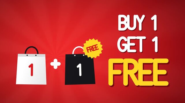 Two shopping bags drop and bounce in with a plus sign as bold buy 1 get 1 free text slams in on a red sunburst background