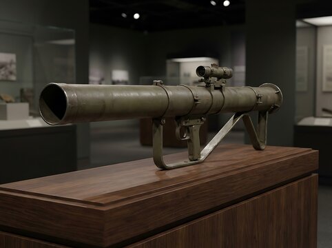 Antitank bazooka weapon displayed on a wooden pedestal in a museum