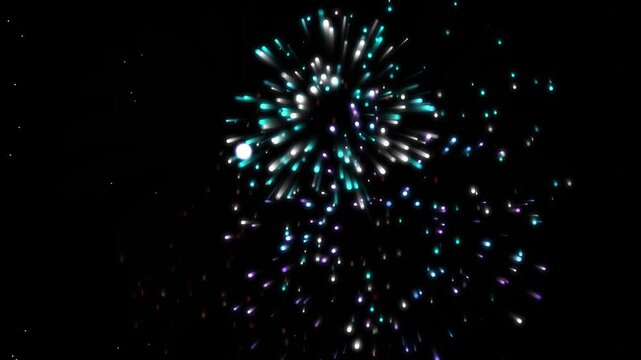 Vibrant colorful fireworks display exploding in the night sky, creating a festive celebration atmosphere with bright light trails and glowing sparks