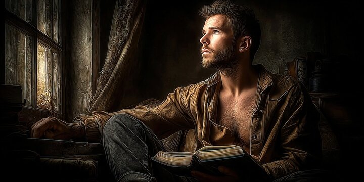 Thoughtful bearded man in unbuttoned brown shirt and jeans sitting by window holding open book and looking up, in dark room with dramatic lighting and heavy curtains