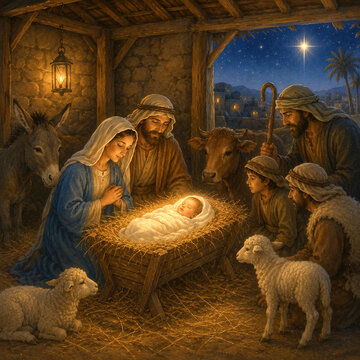 Christmas nativity scene with Mary, Joseph and baby Jesus in manger surrounded by shepherds, donkey, ox and lambs in stone stable with lantern and Star of Bethlehem in night sky