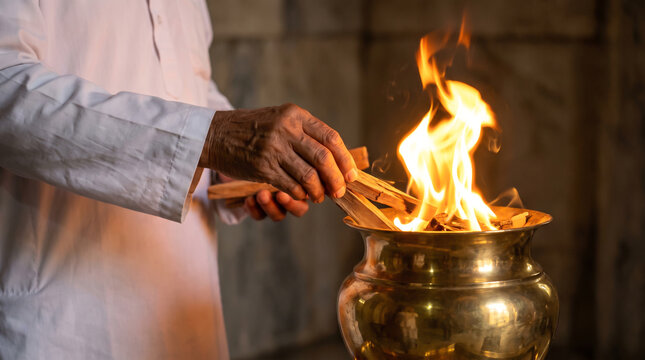 Close View of Hands Adding Small Wooden Sticks to Burning Fire in Brass Urn
