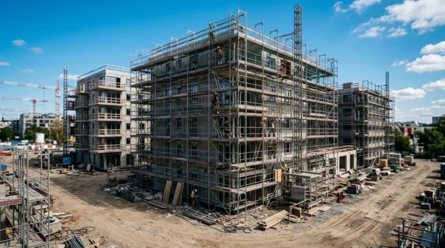 A bustling real estate construction site features multistory residential buildings surrounded by intricate metal scaffolding and active workers under a bright blue sky