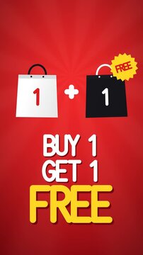 Vertical red sunburst background where two shopping bags bounce in above bold buy 1 get 1 free text for mobile sale ads