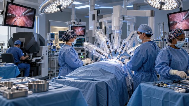 Surgical team performing robotic-assisted laparoscopic surgery in modern operating room, three surgeons beside patient with robotic arms, control console