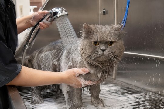 Groomer washing wet gray Persian cat with yellow eyes under shower in metal tub at pet salon, foam on fur and grumpy facial expression