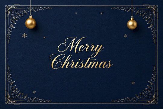 Navy Blue Merry Christmas Card with Hanging Gold Ornaments and Snowflakes, An elegant navy blue Christmas card design featuring hanging gold ornament baubles and delicate snowflake illustrations