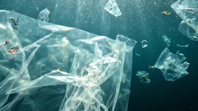 Plastic garbage and other debris floating underwater. Marine pollution. Plastic debris in the water, killing wildlife.