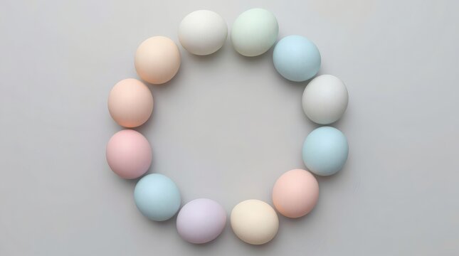 Pastel colored Easter eggs arranged in a circular pattern on a neutral light gray background