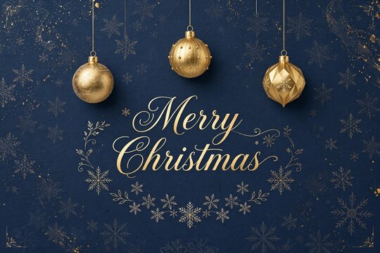 Navy Blue Merry Christmas Card with Hanging Gold Ornaments and Snowflakes, An elegant navy blue Christmas card design featuring hanging gold ornament baubles and delicate snowflake illustrations